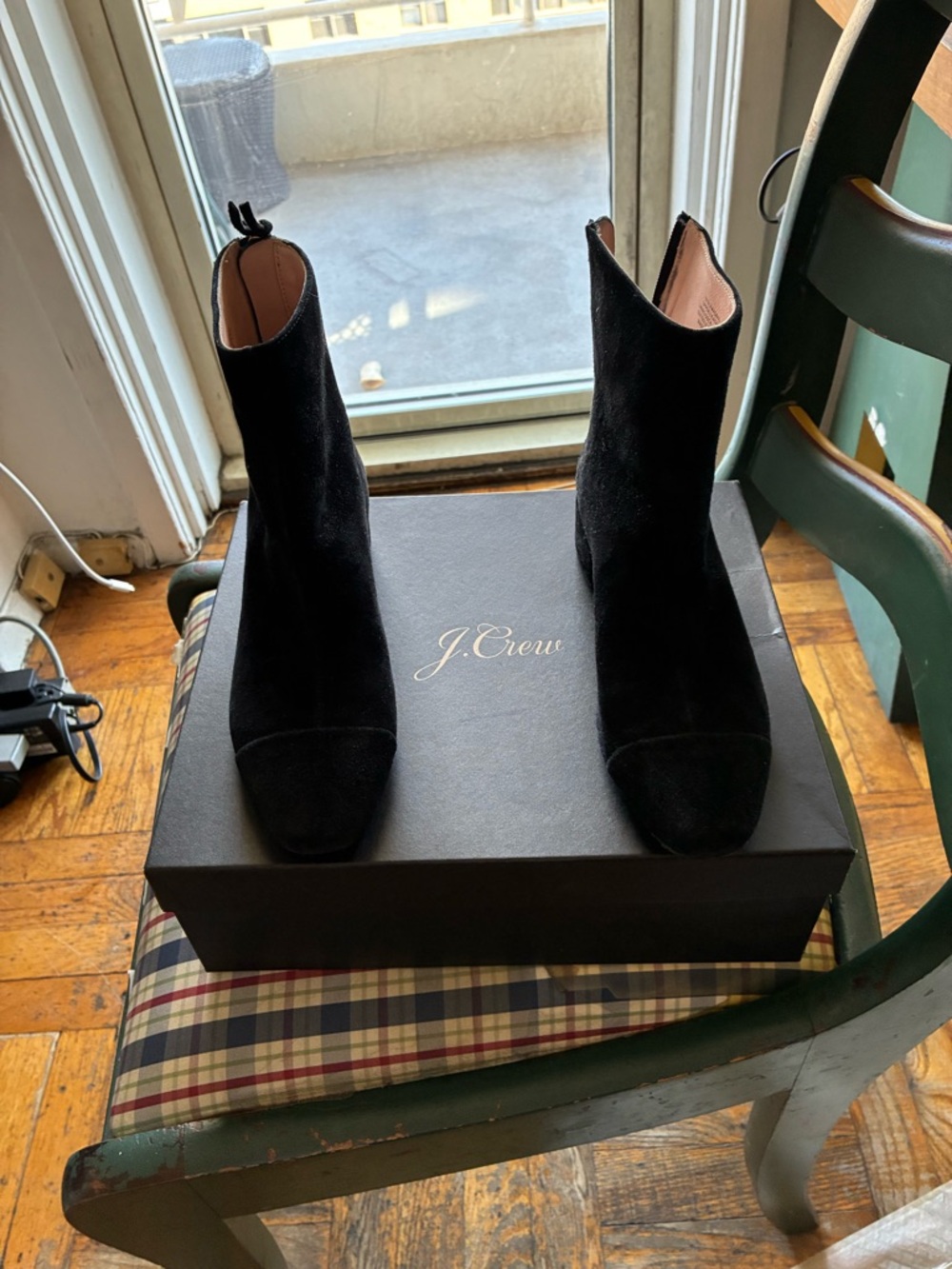 jcrew black suede short boots with stack heel